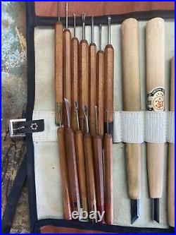 Vintage Traditional Japanese Wood Carving Chisel Set With Canvas Wrap