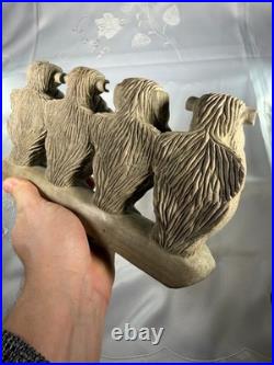 Vintage Very Hard Wood African Tribal Hand Carved Wood Sculpture Wise Monkeys