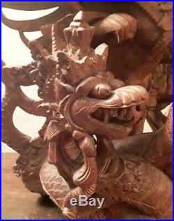 Vintage Vishnu Garuda Wood Lotus Carving Highly Detailed Hand Carved Bali Batuan