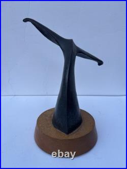 Vintage Whale Tail Sculpture Bronze Patina Wood Base Coastal Nautical Art 15