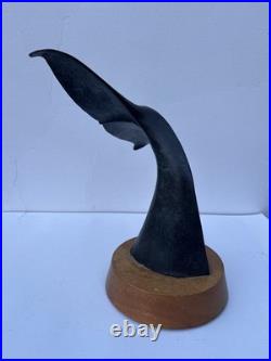 Vintage Whale Tail Sculpture Bronze Patina Wood Base Coastal Nautical Art 15
