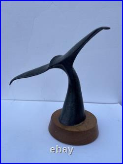 Vintage Whale Tail Sculpture Bronze Patina Wood Base Coastal Nautical Art 15