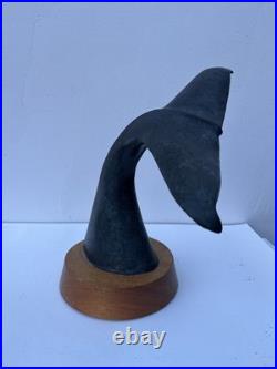 Vintage Whale Tail Sculpture Bronze Patina Wood Base Coastal Nautical Art 15