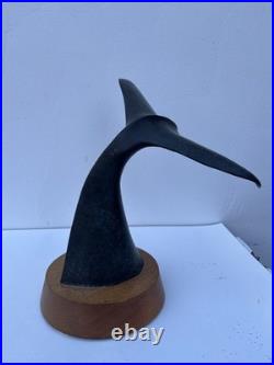 Vintage Whale Tail Sculpture Bronze Patina Wood Base Coastal Nautical Art 15
