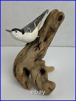 Vintage White-Breasted Nuthatch Mini Bird Carving Signed Helen Lay Strong 1977