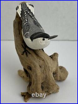Vintage White-Breasted Nuthatch Mini Bird Carving Signed Helen Lay Strong 1977