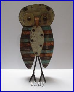 Vintage Wood And Metal Retro Owl Sculpture 17 Inches Modernism Bird Statue Old