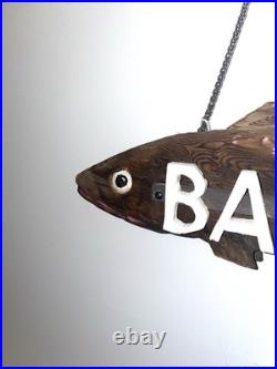Vintage Wood Carved Fish Bait Trade Shop Sign 25 Folk Art 3D Wall Hanging Chain