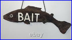 Vintage Wood Carved Fish Bait Trade Shop Sign 25 Folk Art 3D Wall Hanging Chain