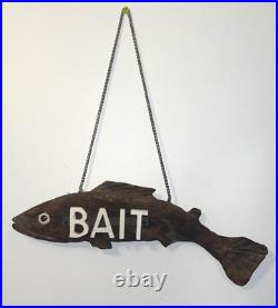 Vintage Wood Carved Fish Bait Trade Shop Sign 25 Folk Art 3D Wall Hanging Chain
