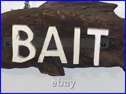 Vintage Wood Carved Fish Bait Trade Shop Sign 25 Folk Art 3D Wall Hanging Chain