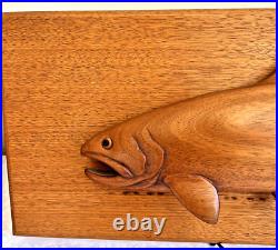 Vintage Wood Carved Fish Trout Wall Mounted Hand Signed Merriam 1977 RARE