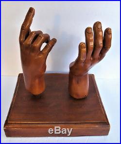 Vintage Wood Carved Life Sized Sculptured Hands / Santos Hands on Stand