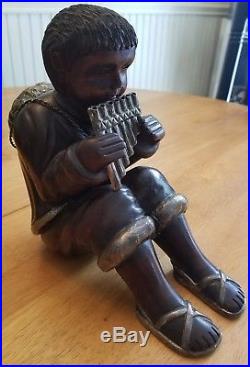 Vintage Wood Carved Sculpture Figurine of Boy Clad With. 950 Sterling Silver NR