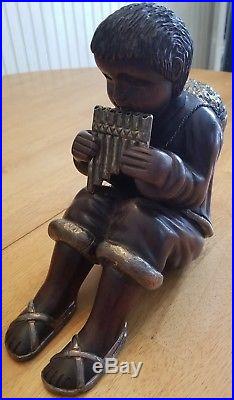 Vintage Wood Carved Sculpture Figurine of Boy Clad With. 950 Sterling Silver NR