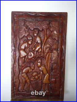 Vintage Wood Carved Wall Plaque Folk Art Rustic village scene 22x13 Large RARE