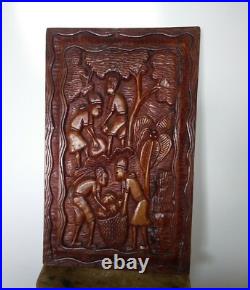 Vintage Wood Carved Wall Plaque Folk Art Rustic village scene 22x13 Large RARE