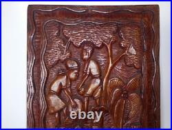 Vintage Wood Carved Wall Plaque Folk Art Rustic village scene 22x13 Large RARE