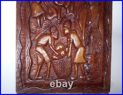 Vintage Wood Carved Wall Plaque Folk Art Rustic village scene 22x13 Large RARE