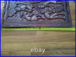 Vintage Wood Carved Wall Plaque Folk Art Rustic village scene 22x13 Large RARE