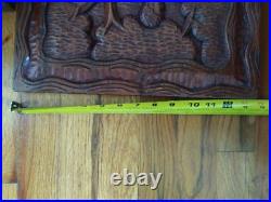 Vintage Wood Carved Wall Plaque Folk Art Rustic village scene 22x13 Large RARE