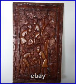 Vintage Wood Carved Wall Plaque Folk Art Rustic village scene 22x13 Large RARE
