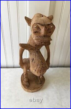 Vintage Wood Carved and Wood Burned Sculpture of the Devil, 18 Tall