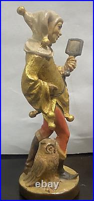 Vintage Wood Carving Jester Figure Till Eulenspiegel Owl Mirror 1980s