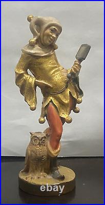 Vintage Wood Carving Jester Figure Till Eulenspiegel Owl Mirror 1980s