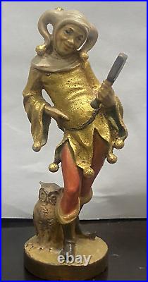 Vintage Wood Carving Jester Figure Till Eulenspiegel Owl Mirror 1980s