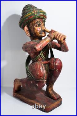 Vintage Wood Carving Painted Figure Music Man Statue India Wood Sculpture Art