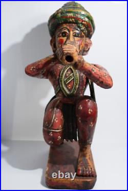 Vintage Wood Carving Painted Figure Music Man Statue India Wood Sculpture Art