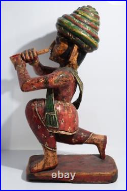 Vintage Wood Carving Painted Figure Music Man Statue India Wood Sculpture Art