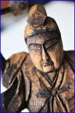 Vintage Wood Carving Sculpture Japanese Blacksmith Forging a Sword on His Anvil