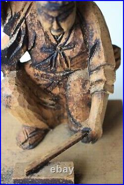 Vintage Wood Carving Sculpture Japanese Blacksmith Forging a Sword on His Anvil