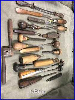 Vintage Wood Carving Tools (22). Chisels, Gouges, Drawing Knife, Blades, Clamps