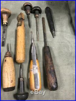 Vintage Wood Carving Tools (22). Chisels, Gouges, Drawing Knife, Blades, Clamps
