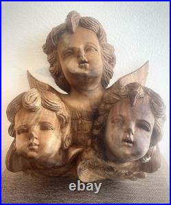 Vintage Wood Carving Triple Cherub Putti Angel Wall Sculpture Large Walnut