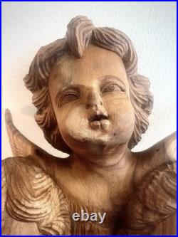 Vintage Wood Carving Triple Cherub Putti Angel Wall Sculpture Large Walnut