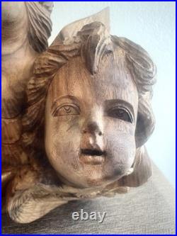 Vintage Wood Carving Triple Cherub Putti Angel Wall Sculpture Large Walnut