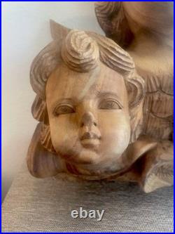 Vintage Wood Carving Triple Cherub Putti Angel Wall Sculpture Large Walnut
