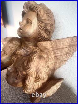 Vintage Wood Carving Triple Cherub Putti Angel Wall Sculpture Large Walnut