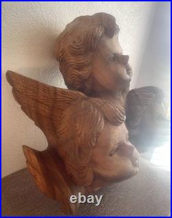 Vintage Wood Carving Triple Cherub Putti Angel Wall Sculpture Large Walnut