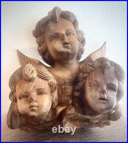 Vintage Wood Carving Triple Cherub Putti Angel Wall Sculpture Large Walnut