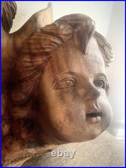Vintage Wood Carving Triple Cherub Putti Angel Wall Sculpture Large Walnut
