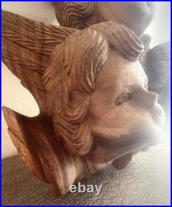 Vintage Wood Carving Triple Cherub Putti Angel Wall Sculpture Large Walnut