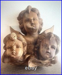 Vintage Wood Carving Triple Cherub Putti Angel Wall Sculpture Large Walnut