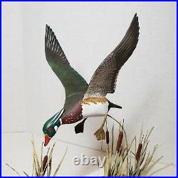 Vintage Wood Duck Drake On Driftwood Hand Carved Painted Sculpture Signed