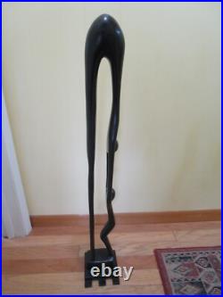 Vintage Wood Folk Art Carved Mother & Child Sculpture statue brass base 41 T