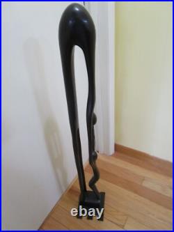 Vintage Wood Folk Art Carved Mother & Child Sculpture statue brass base 41 T
